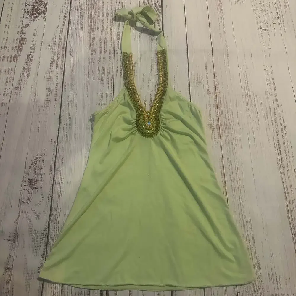 LIPSTICK Y2K Vintage Lime Green Fairy Flowy Beaded Halter Top-S - Picture 1 of 7